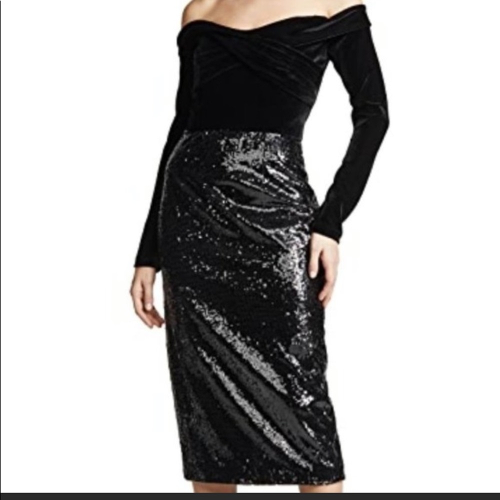 Marchesa off the shoulder velvet sequin cocktail dress